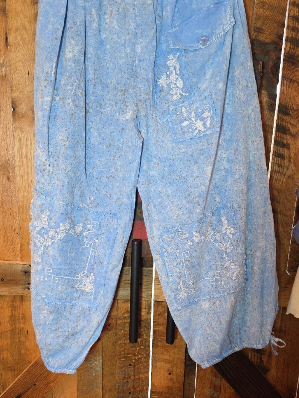 147p Genie Cross Stitch Pants Light Blue Women's Wide-Leg Cargo Linen Pants - Picture 13 of 16